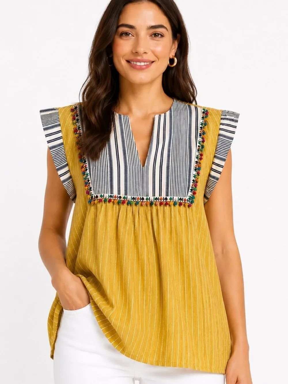 THML Mustard Stripe Embellished Boho Top | Colorful Beaded Detail Blouse | XS